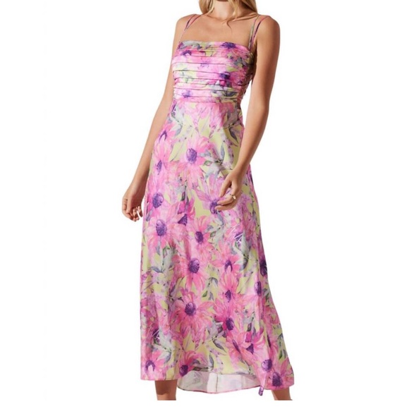 NEW ASTR Antlia Lime Green and Pink Floral Tropical Maxi Dress Small - Picture 3 of 8